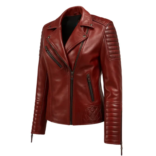 Womens Quilted Merlot Red Leather Biker Jacket - Image 2