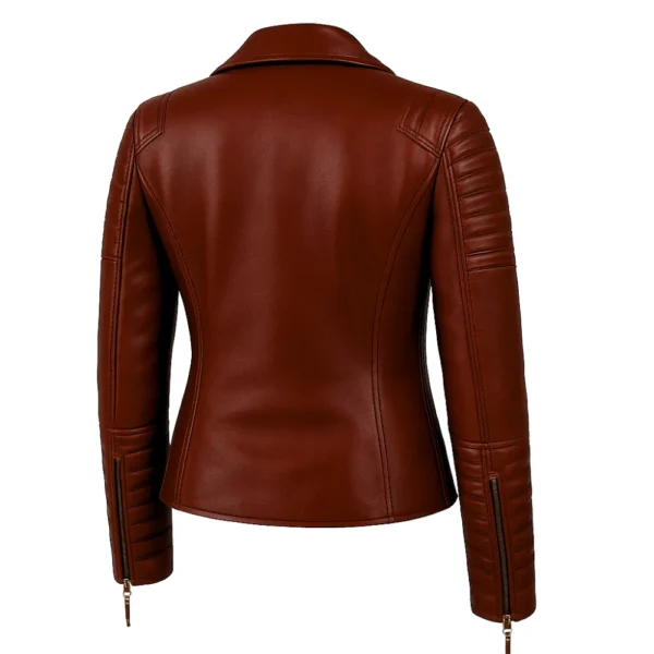 Womens Quilted Merlot Red Leather Biker Jacket - Image 5
