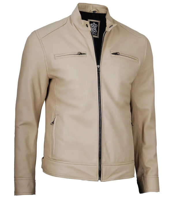 Dodge Beige Cafe Racer Leather Biker Jacket - Image 5
