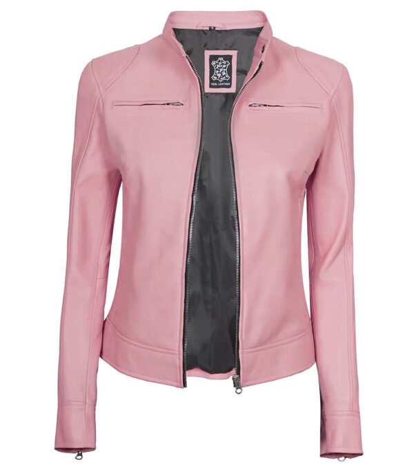 Dodge Women Light Pink Cafe Racer Motorcycle Leather Jacket - Image 4