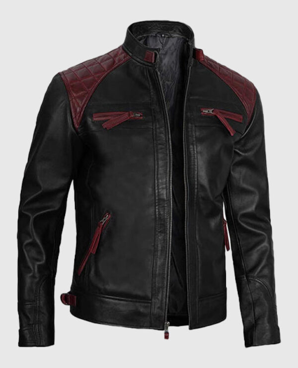 Men's Quilted Cafe Racer Black and Maroon Leather Jacket - Image 3
