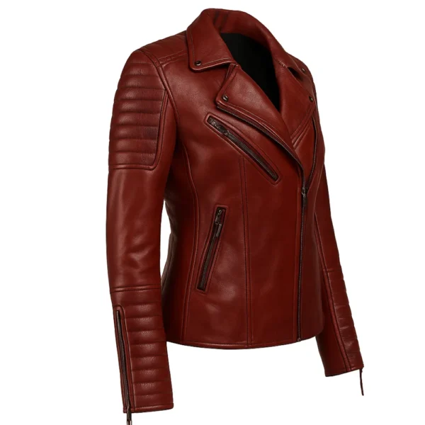Womens Quilted Merlot Red Leather Biker Jacket - Image 4