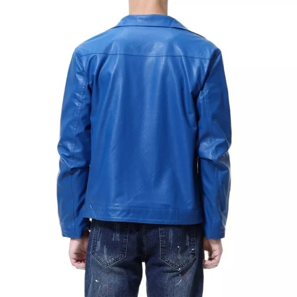 Blue leather biker jacket Men - Image 4