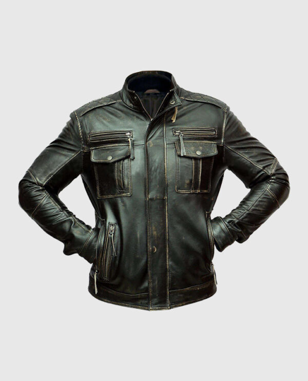 Men's Distressed Cafe Racer Leather Jacket - Image 3
