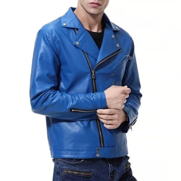 Blue leather biker jacket Men - Image 2