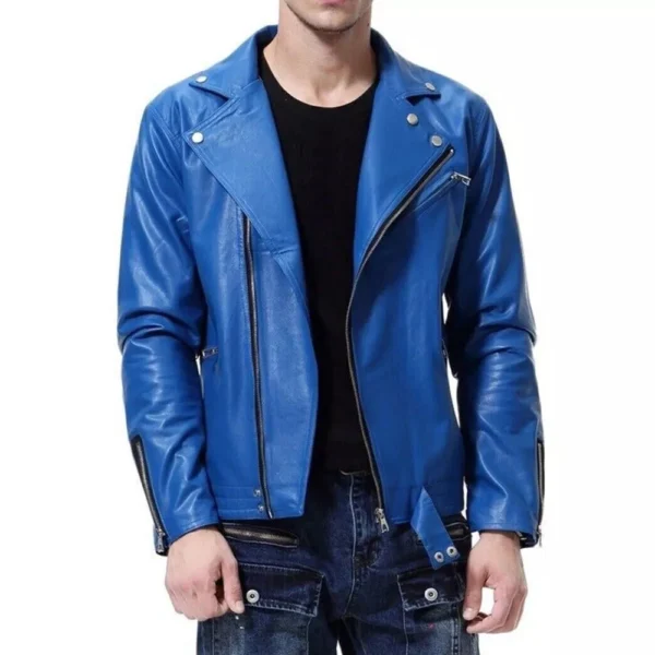 Blue leather biker jacket Men - Image 3