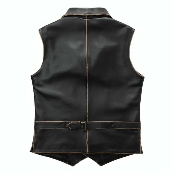 Mens Black Motorcycle Leather Distress Vest - Image 4