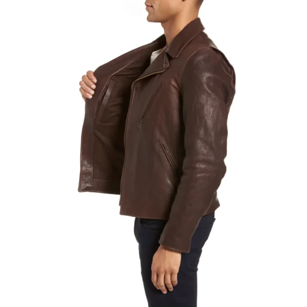 Scott Asymmetrical Brown Leather Moto Jacket - Image 2