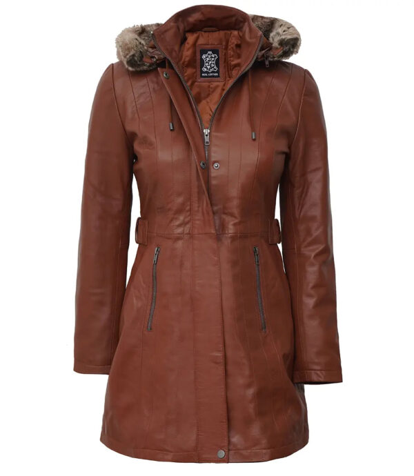 Jean Brown Shearling Coat Womens with Removable Hood - Image 3