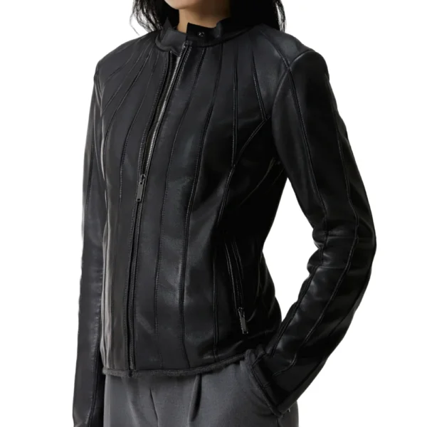Women’s Slim Fit Black Leather Biker Jacket - Image 3