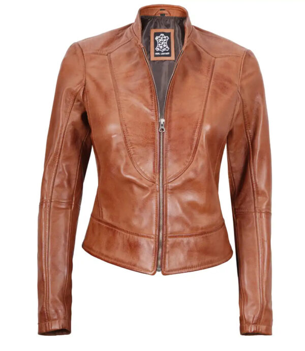 Amy Petite Womens Motocycle Tan Leather Jacket - Image 3