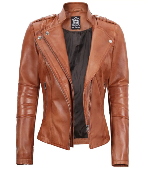 Monica Women's Tan Asymmetrical Biker Leather Jacket - Image 4