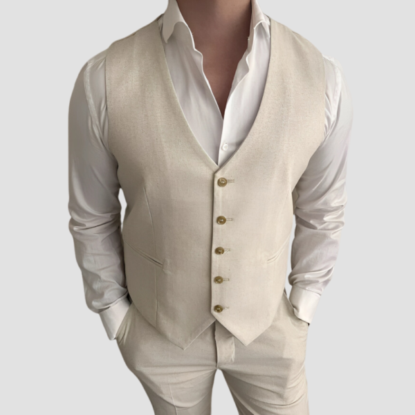 Three Piece Linen Cream Suit Mens - Image 3