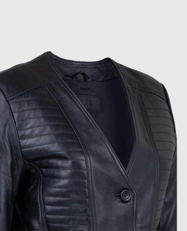 Women's Black Collarless Long Jacket - Image 3