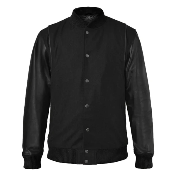Men’s Black Cotton Varsity Jacket With Leather Sleeves