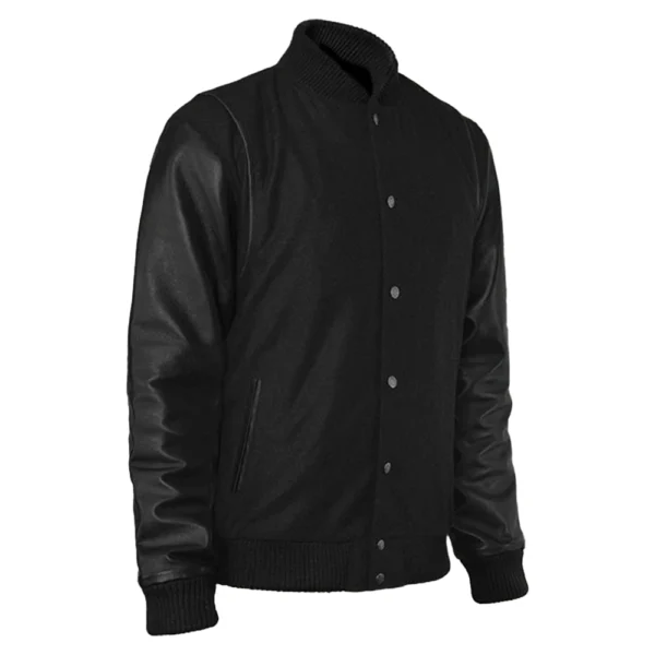 Men’s Black Cotton Varsity Jacket With Leather Sleeves - Image 3