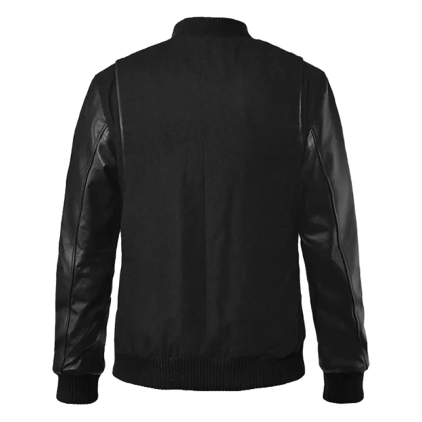 Men’s Black Cotton Varsity Jacket With Leather Sleeves - Image 4