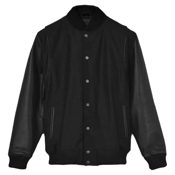 Men’s Black Cotton Varsity Jacket With Leather Sleeves - Image 2