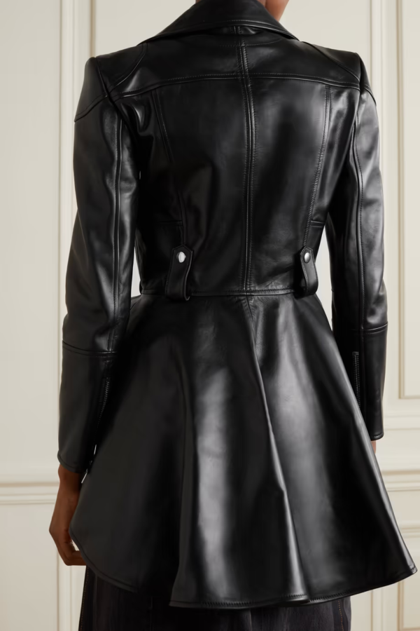 Womens Black Leather Peplum Jacket - Image 2