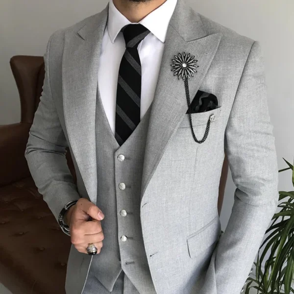 Mens 3 Piece Grey Slim Fit Tuxedo Wedding Suit - Image 3