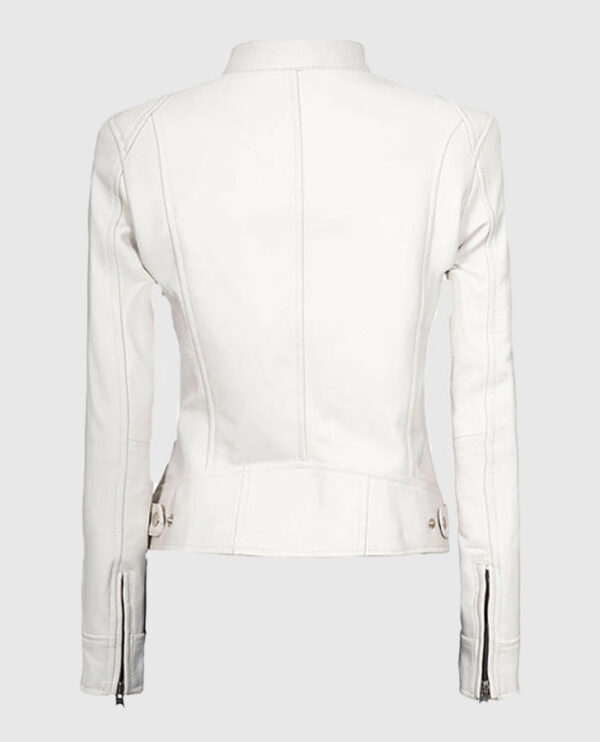 Women's White Leather Cafe Racer Jacket - Image 2