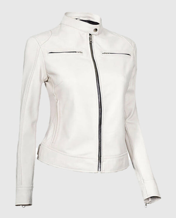 Women's White Leather Cafe Racer Jacket - Image 3