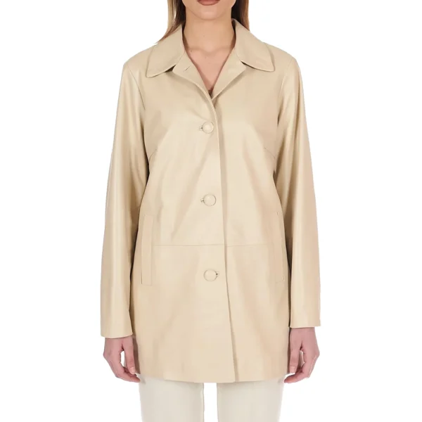 Women’s Beige Single Breasted Leather Blazer - Image 2
