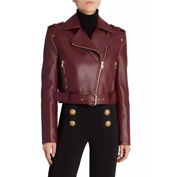 Laura Maroon Biker Cropped Leather Jacket - Image 2
