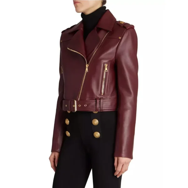 Laura Maroon Biker Cropped Leather Jacket - Image 3