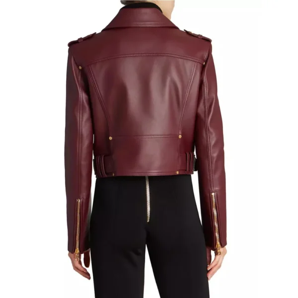 Laura Maroon Biker Cropped Leather Jacket - Image 4