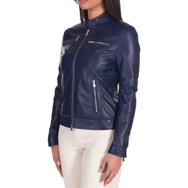 Women’s Navy Blue Genuine Leather Motorcycle Jacket - Image 2