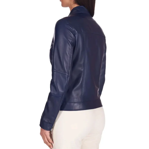 Women’s Navy Blue Genuine Leather Motorcycle Jacket - Image 4