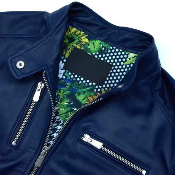 Women’s Navy Blue Genuine Leather Motorcycle Jacket - Image 7
