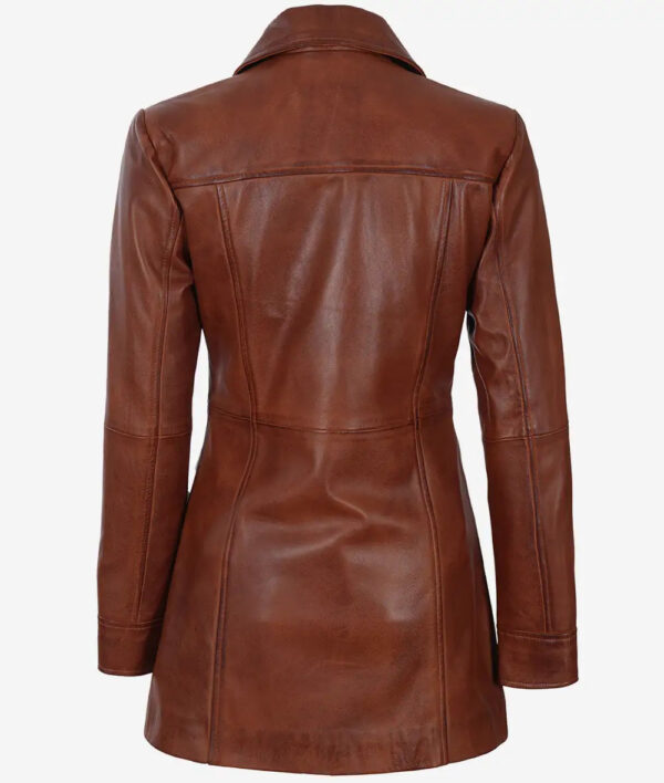 Womens Cognac Brown Leather 3/4 Length Coat - Image 2