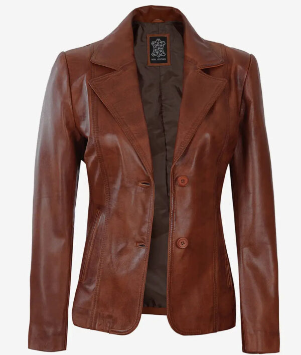 Womens Two Button Cognac Leather Blazer - Image 4