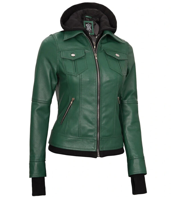 Womens Biker Green Leather Jacket with Hood - Image 6
