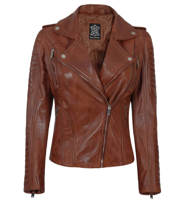 Bagheria Women Cognac Biker Leather Jacket With Removable Hood - Image 5