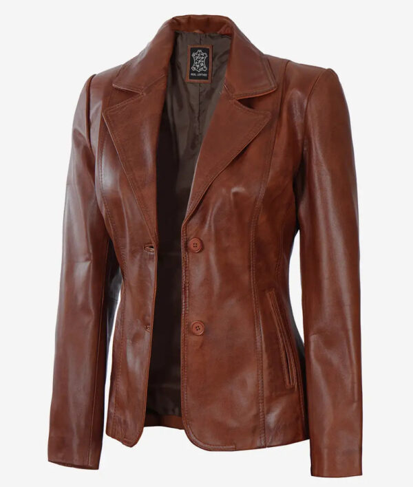 Womens Two Button Cognac Leather Blazer
