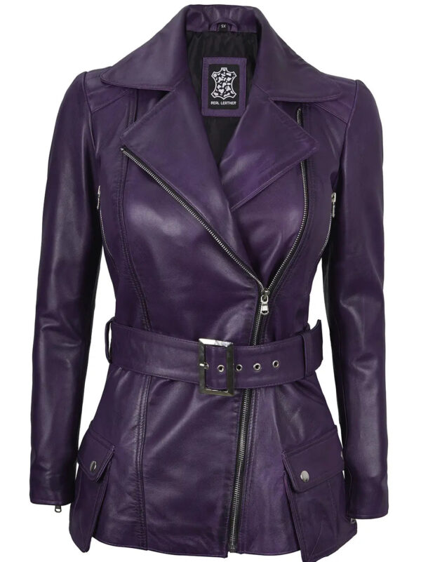 Women Purple Leather Biker Jacket Women - Image 3