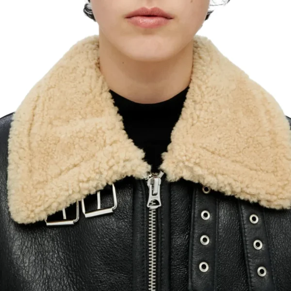 Womens Black Aviator Shearling Leather Jacket - Image 5
