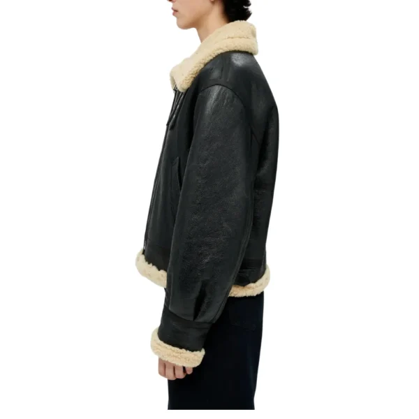 Womens Black Aviator Shearling Leather Jacket - Image 3