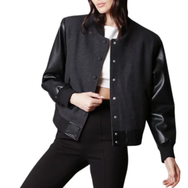 Womens Black Letterman Varsity Jacket With Leather Sleeves - Image 4