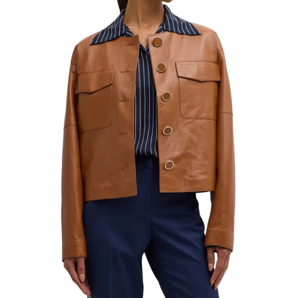 Womens Brown Button Down Collarless Leather Jacket - Image 2