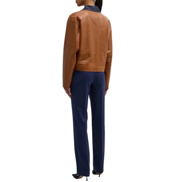 Womens Brown Button Down Collarless Leather Jacket - Image 3