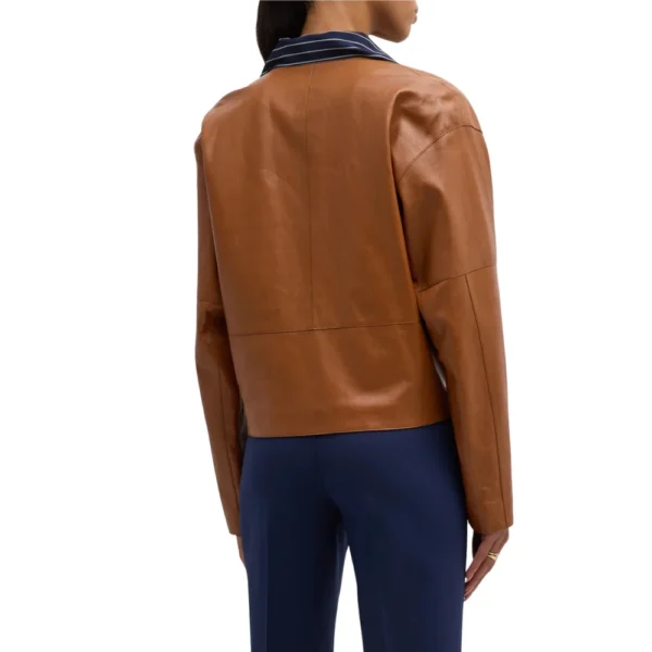 Womens Brown Button Down Collarless Leather Jacket - Image 4