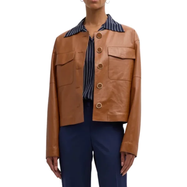 Womens Brown Button Down Collarless Leather Jacket - Image 5
