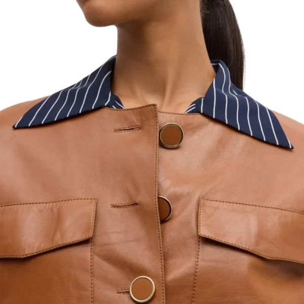 Womens Brown Button Down Collarless Leather Jacket - Image 6