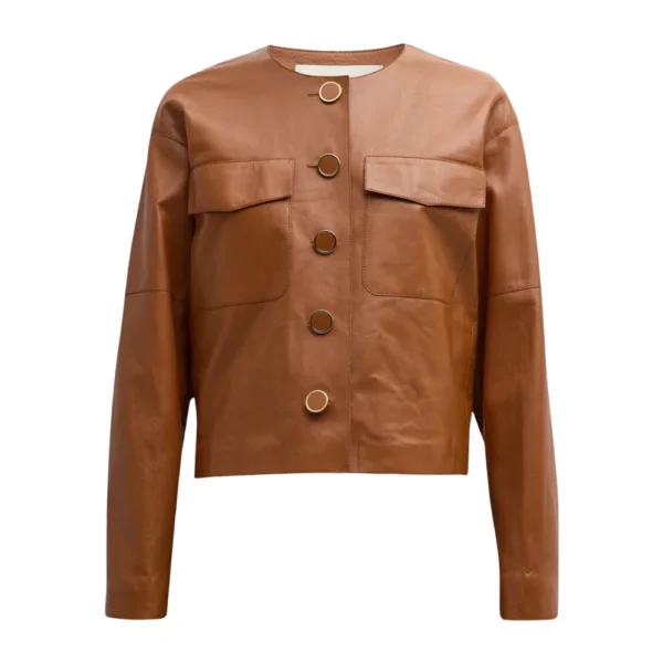 Womens Brown Button Down Collarless Leather Jacket