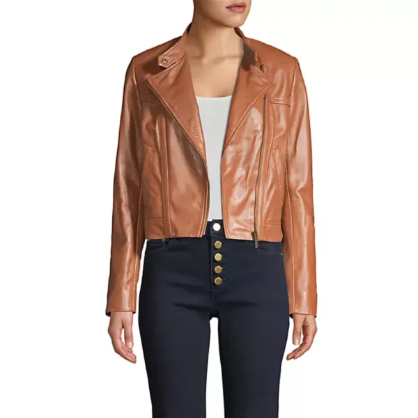 Katherine Brown Leather Moto Cropped Jacket - Image 2