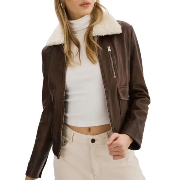 Womens Brown Leather Aviator Jacket Shearling Collar - Image 4